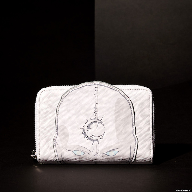 White Limited Edition Marvel Moon Knight Mr. Knight Cosplay Wallet, featuring Mr. Knight in appliqué detail on the front of the wallet. The wallet sits against a dark background. 